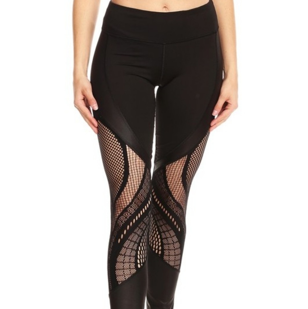 Fitness fashion black lace cut out leggings